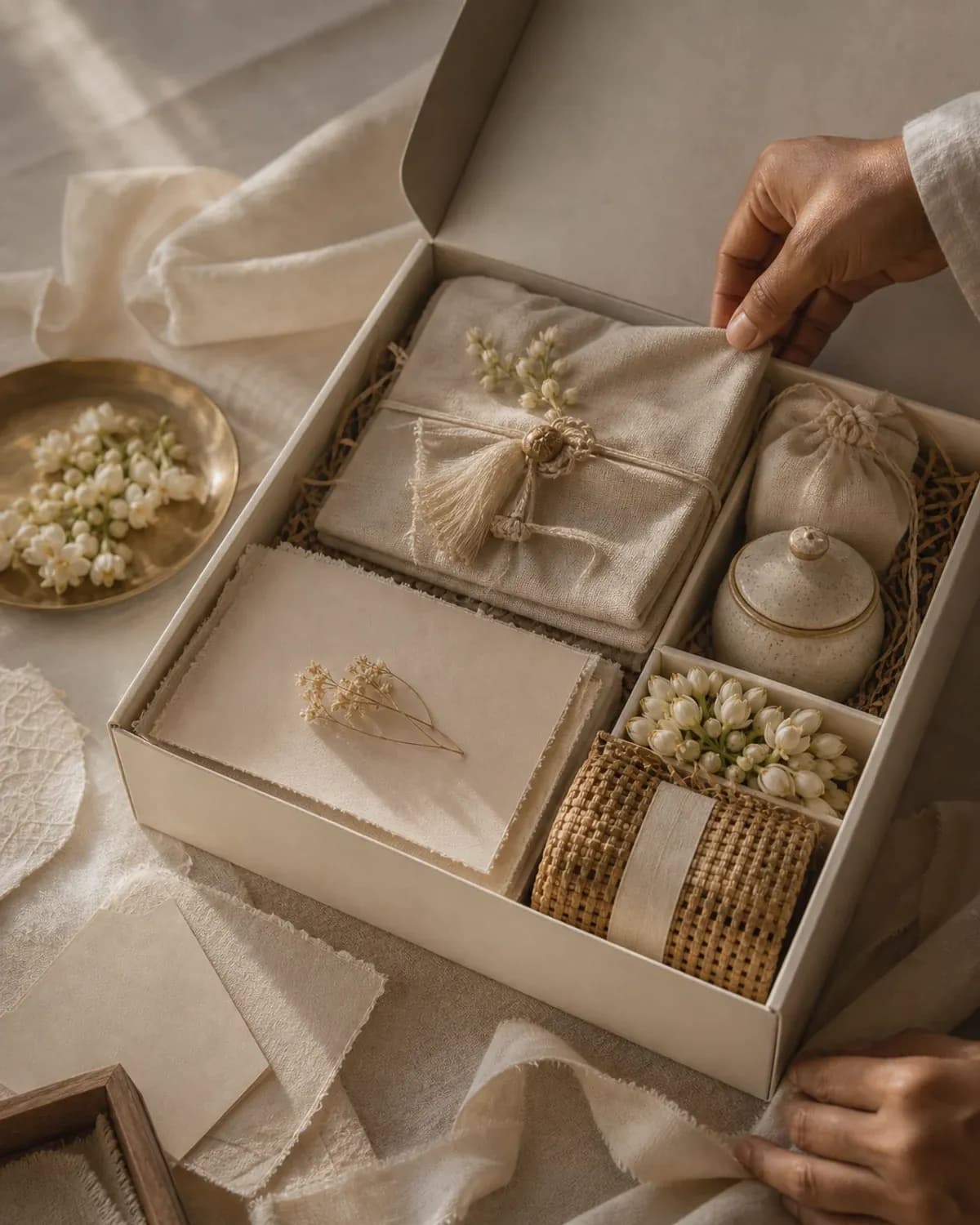 Handmade wedding welcome hamper prepared for guest arrival hospitality