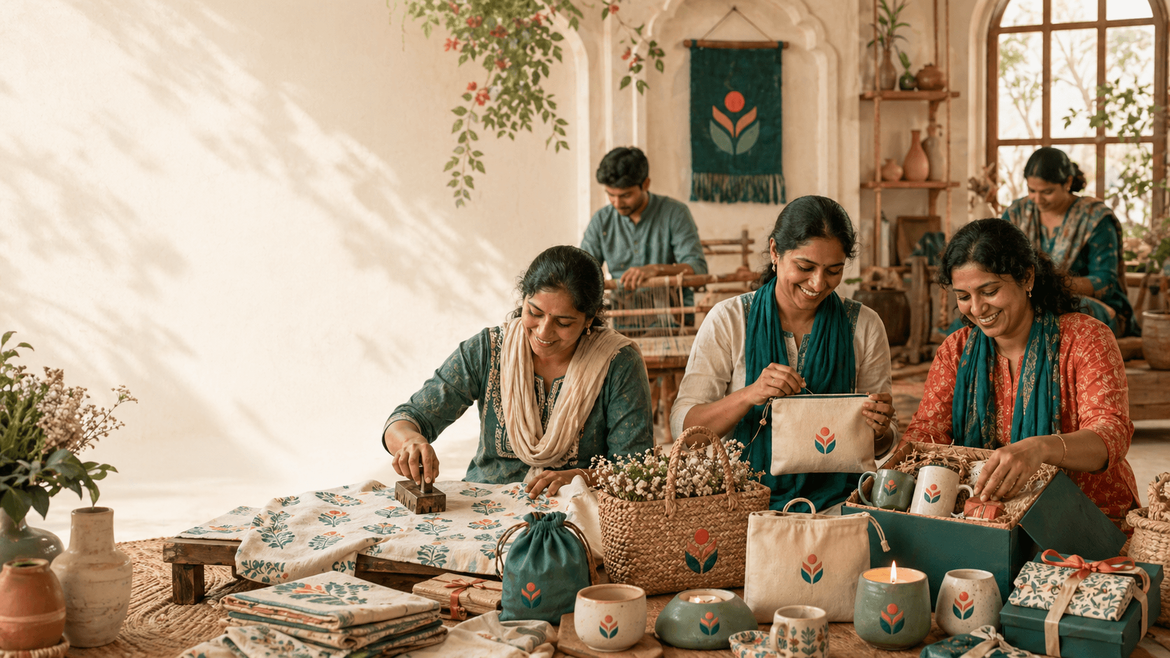 Women makers gathered around handmade crochet work and gifting products