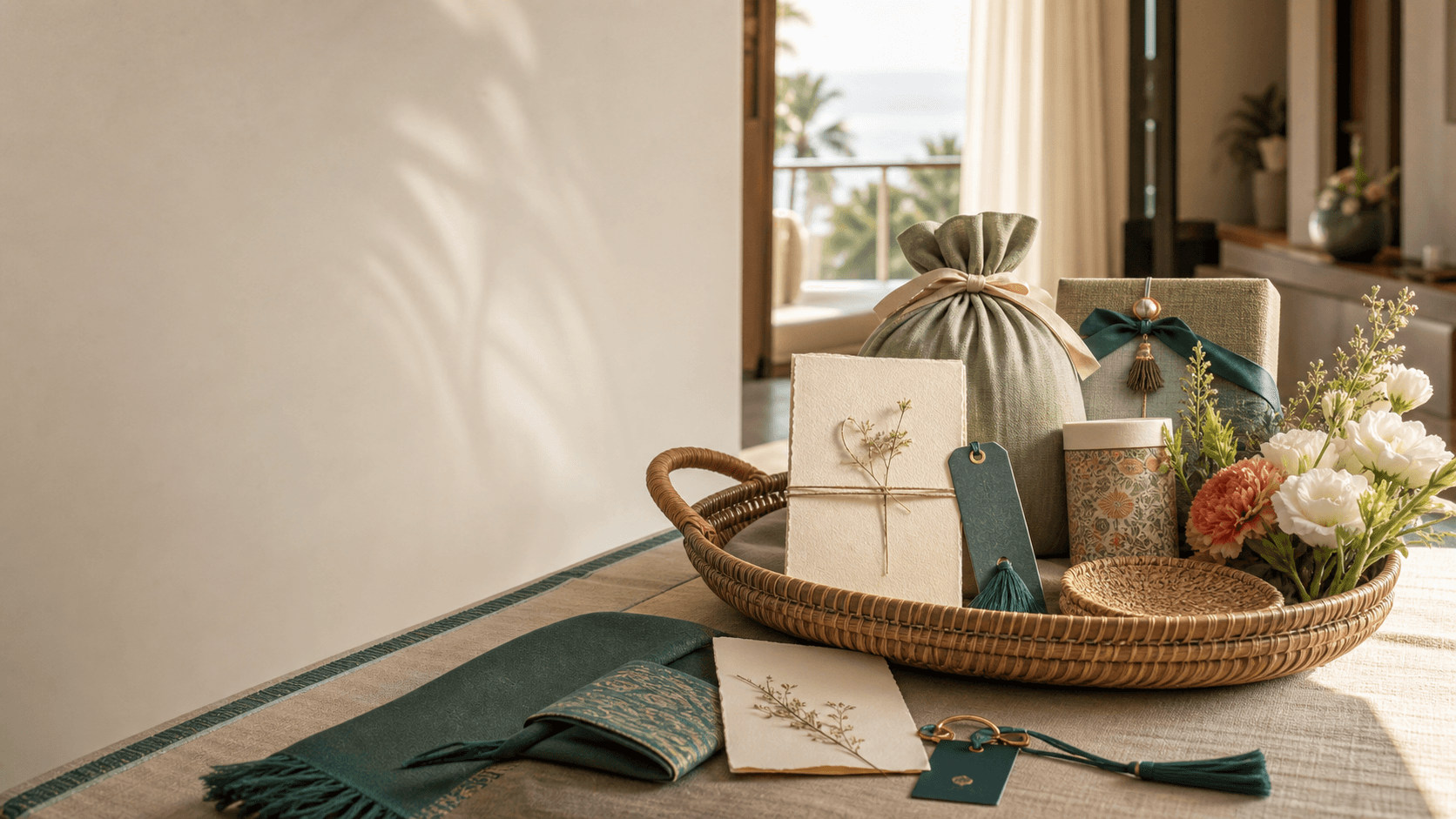 Destination wedding hospitality setup with handmade gifts and venue-ready packing